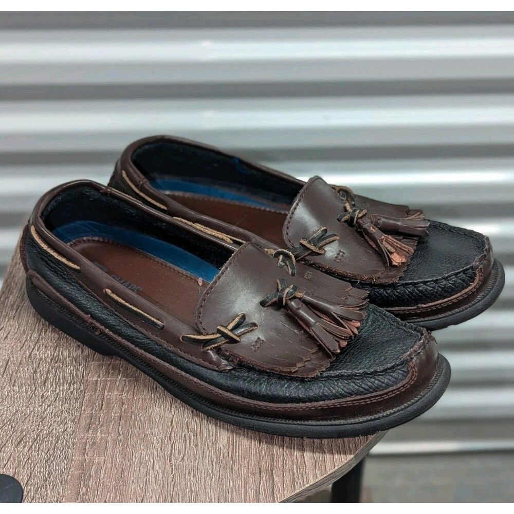 Men's Nautical Black & Brown Slip On Loafers Tassel Kiltie Leather Chaps Sz 8M
